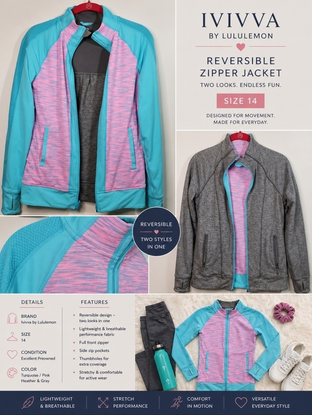 Ivivva by Lululemon Reversible Jacket - 14 - Pink Teal Gray Athletic Zip-Up